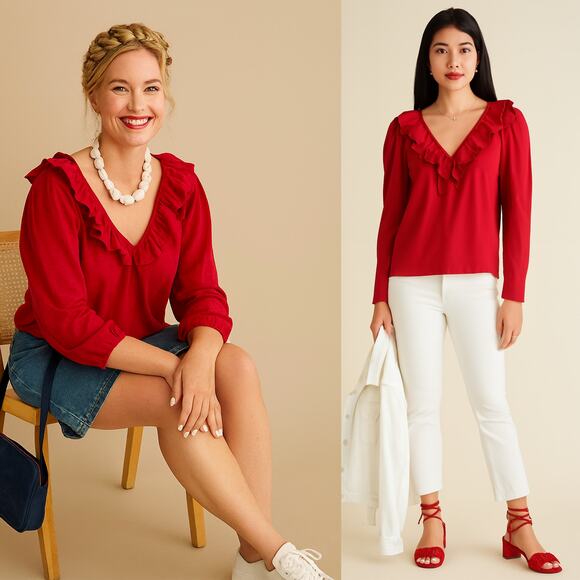 ANTHROPOLOGIE Red Ruffle V Neck Blouse Shirt Top –  Small - Picture 1 of 9